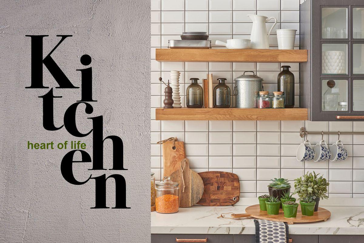 Modern kitchen and illustration style. Decorative white wall wooden shelf and kitchen ornament style.